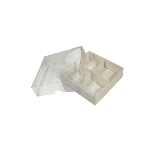 Asetat Kapaklı Karton Kutu 15x15x3 CM 4 Bölmeli Kutu - 10 Adet  Beyaz