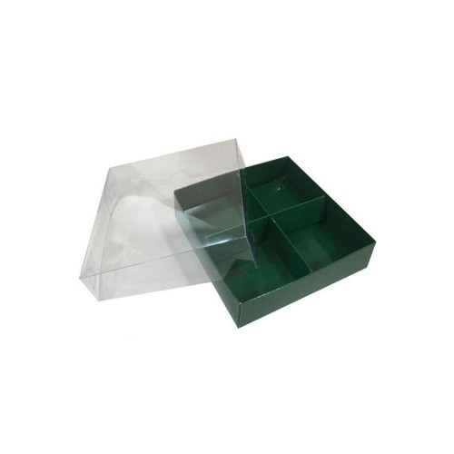 Asetat Kapaklı Karton Kutu 15x15x3 CM 4 Bölmeli Kutu - 10 Adet  Yeşil