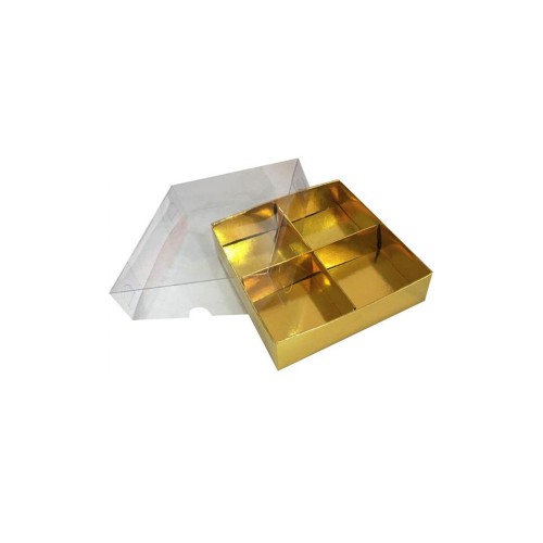 Asetat Kapaklı Karton Kutu 12x12x3 CM 4 Bölmeli Kutu - 10 Adet  Gold
