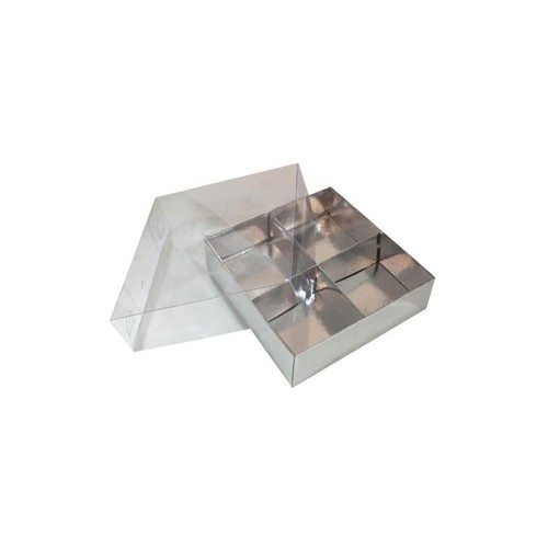 Asetat Kapaklı Karton Kutu 12x12x3 CM 4 Bölmeli Kutu - 10 Adet  Gümüş