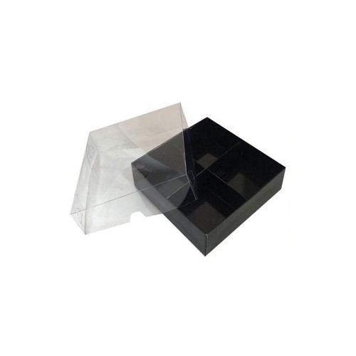 Asetat Kapaklı Karton Kutu 12x12x3 CM 4 Bölmeli Kutu - 10 Adet  Siyah