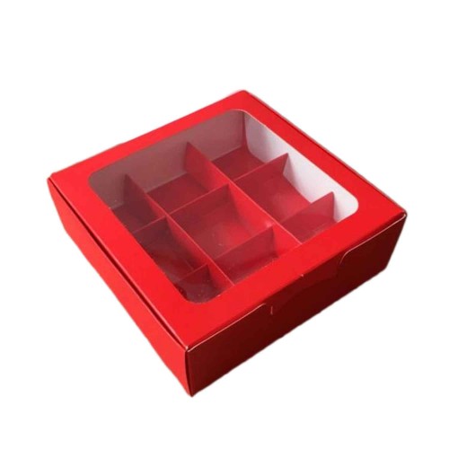 Asetat Pencereli Karton Kutu 15x15x5 CM 9 Bölmeli Kutu - 10 Adet  Kırmızı
