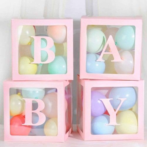 Asetatlı Küp Karton Kutu Şeffaf Balon Kutusu 25X25X25 CM  Pembe