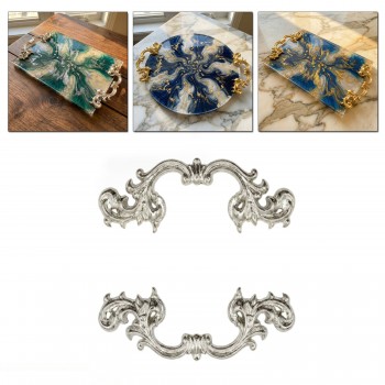 Barok Desenli Vintage Stil Lüks Tepsi ve Sunum Kulpu 9 CM - 2 Adet  Gümüş