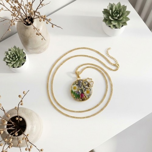 Epoksi Çember İçinde Kedi Model Metal Kolye Takı Ucu - 5 Adet  Gold