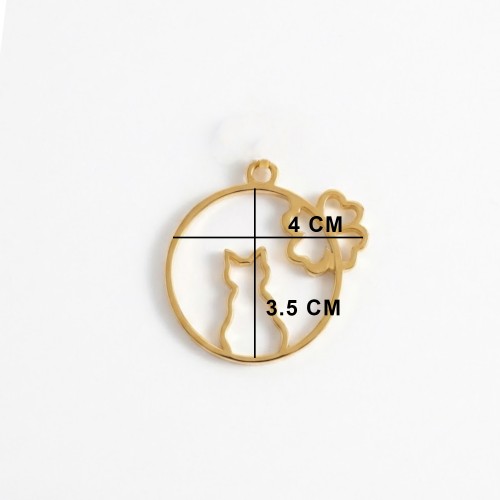Epoksi Çember İçinde Kedi Model Metal Kolye Takı Ucu - 5 Adet  Gold