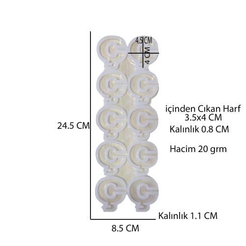 Epoksi Çoklu Silikon Kalıp Ç Harfi -  Düz  Anahtarlık Reçine Seri Döküm Kalıbı 4 CM 10 Lu