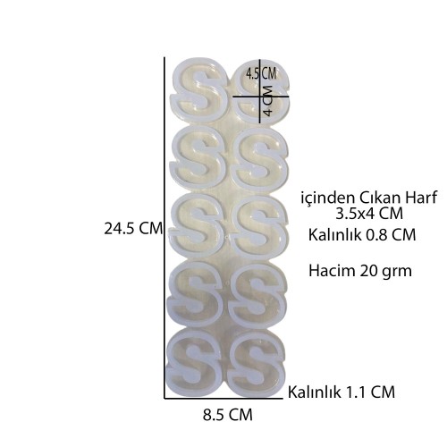Epoksi Çoklu Silikon Kalıp S Harfi -  Düz  Anahtarlık Reçine Seri Döküm Kalıbı 4 CM 10 Lu