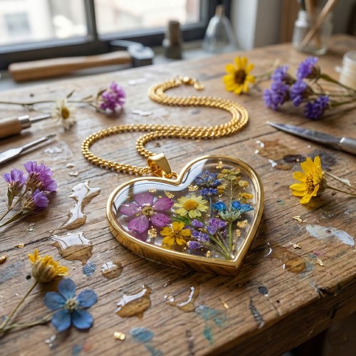 Epoksi Kalp Model Metal Kolye Takı Ucu - 5 Adet  Gold