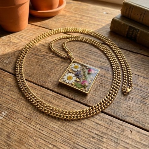 Epoksi Kare Model Metal Kolye Takı Ucu - 5 Adet  Gold