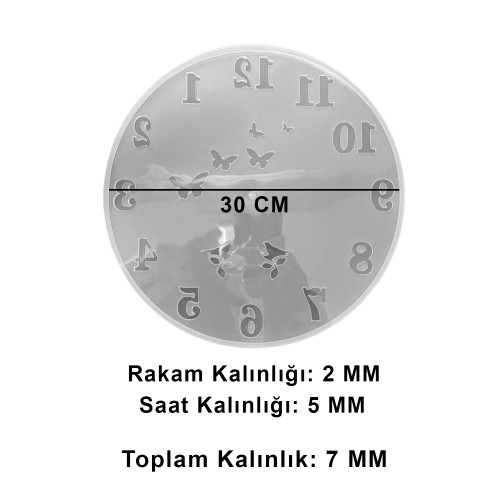Epoksi Kelebek ve Kuş Desenli Rakamlı Saat Kalıbı 30 CM