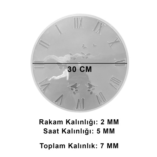 Epoksi Kelebek ve Kuş Desenli Roma Rakamlı Saat Kalıbı 30 CM