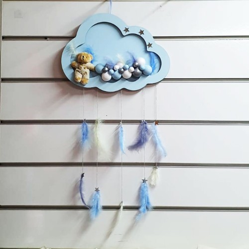 Kapı Süsü Bubble Ahşap Bulut Led  Işıklı  Gümüş Kapı Süsü 40X80 CM  Mavi