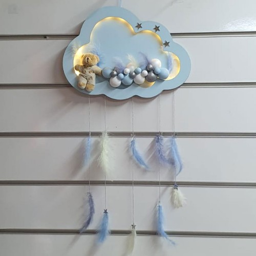 Kapı Süsü Bubble Ahşap Bulut Led  Işıklı  Gümüş Kapı Süsü 40X80 CM  Mavi