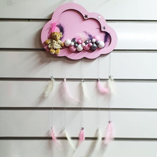 Kapı Süsü Bubble Ahşap Bulut Led  Işıklı  Gümüş Kapı Süsü 40X80 CM  Pembe