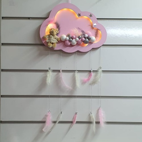 Kapı Süsü Bubble Ahşap Bulut Led  Işıklı  Gümüş Kapı Süsü 40X80 CM  Pembe