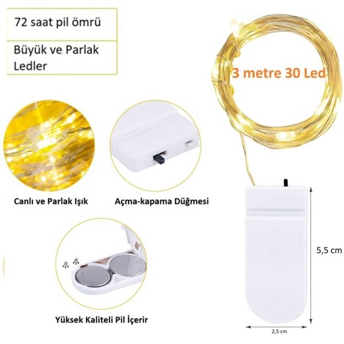 Peri Led Işık|ince Pil Yataklı  Gün Işığı Tel Şerit Led Kendinden Pilli - 1,5 Metre