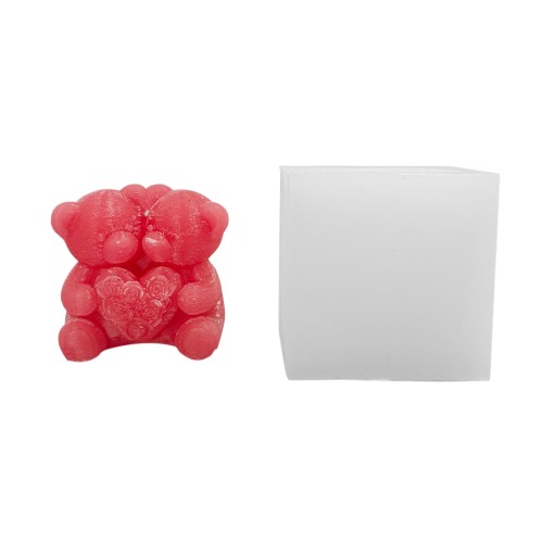 Silikon 3D Çiçekli Kalp Tutan Sevimli Ayıcık Çifti Mum Kalıbı