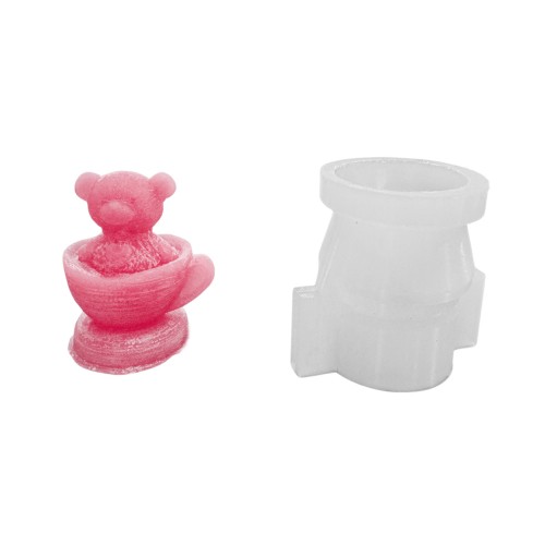 Silikon 3D Fincan İçine Oturmuş Kalpli Ayıcık Mum Kalıbı