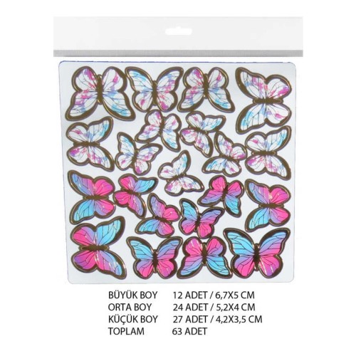 Varaklı Kelebek Dekoratif Süs - 63 Adet  Karışık Renk