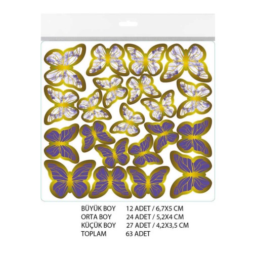 Varaklı Kelebek Dekoratif Süs - 63 Adet  Mor