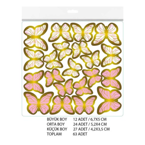 Varaklı Kelebek Dekoratif Süs - 63 Adet  Pembe