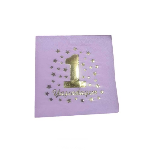1 Yaşındayım Yazılı  Peçete Varaklı 33X33 CM  - 16 Adet  Pembe