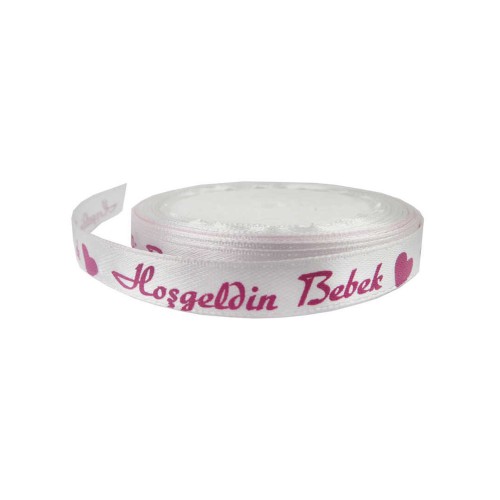 Saten Kurdele Hoşgeldin Bebek Yazılı 1 CM - 10 Metre  Pembe