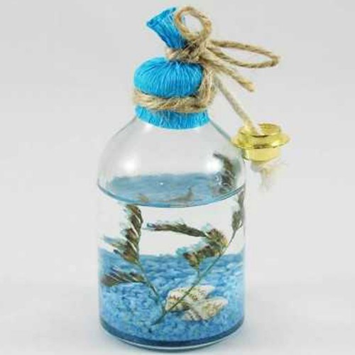 Cam Kandil Şişesi Naturel Çiçek Süslü 50 CC - 10 Adet  Mavi