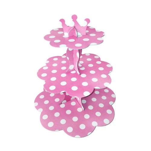 3 Katlı Karton Cupcake Standı Puantiyeli Kek Standı  Pembe