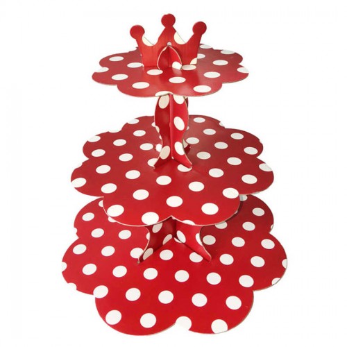 3 Katlı Karton Cupcake Standı Puantiyeli Kek Standı  Kırmızı