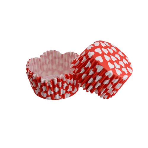 Cupcake Kalıbı Pet Kapsül Kırmızıya Beyaz Kalp Desenli Dalgalı Kek Kalıbı 65X38 MM - 100 Adet
