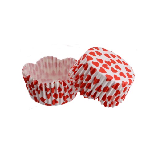 Cupcake Kalıbı Pet Kapsül Dalgalı Kek Kalıbı 65X38 MM - 100 Adet  Beyaza Sık Kalp Desen