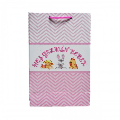 İp Saplı Karton Çanta Hoşgeldin Bebek Tavşanlı 11X17 CM - 25 Adet  Pembe