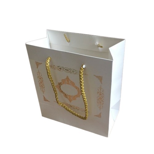 Karton İpsaplı Hediye Çantası Saray Desenli GOLD 15X17X8 10 Adet  Beyaz