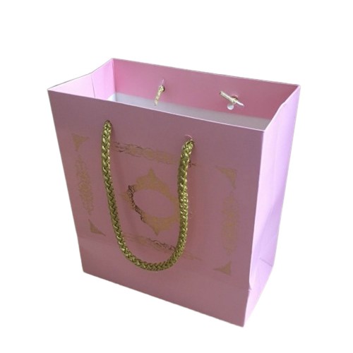 Karton İpsaplı Hediye Çantası Saray Desenli GOLD 15X17X8 10 Adet  Pembe