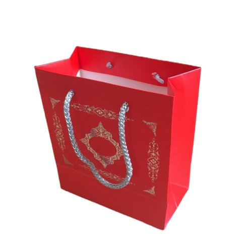 Karton İpsaplı Hediye Çantası Saray Desenli Gümüş 15X17X8 10 Adet  Kırmızı