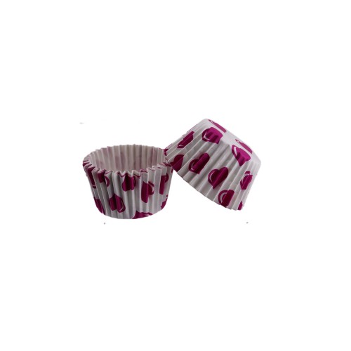 Kek Kalıbı Pet Kapsül 52X45 MM Kağıt Cupcake Kağıdı - 100 Adet  Beyaza Fuşya Kalpli